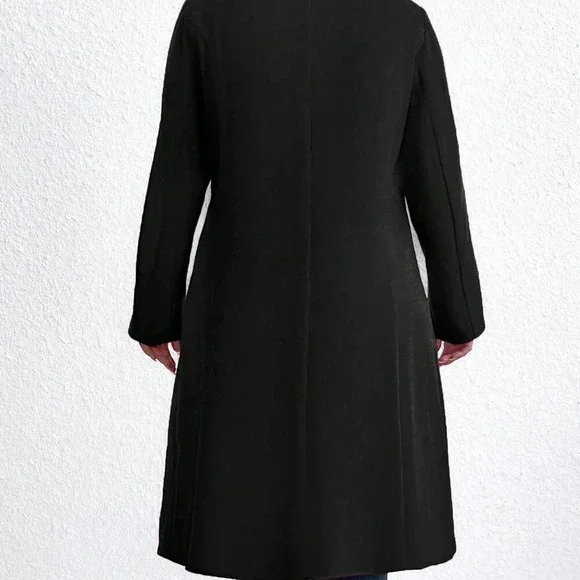 Black Casual Women's Plus Size Plain Double Breasted Pocket Long Sleeve Overcoat